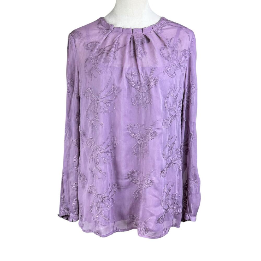 Chico’s Purple Long Sleeve Gathered Round Neck Embroidered Sheer Lined Top